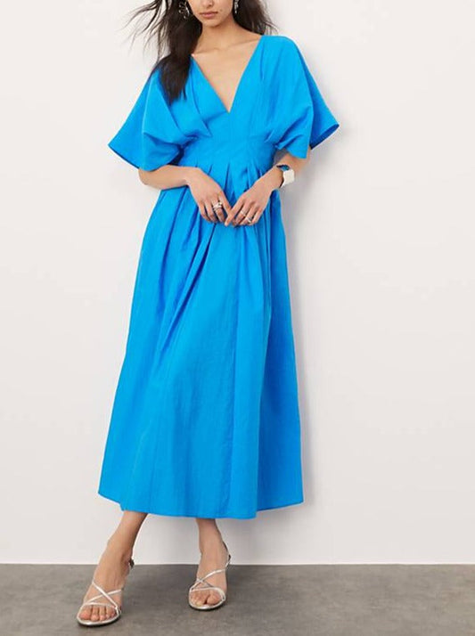 April - Women's Pleated Wide Puff Sleeve Midi Dress - photo 2