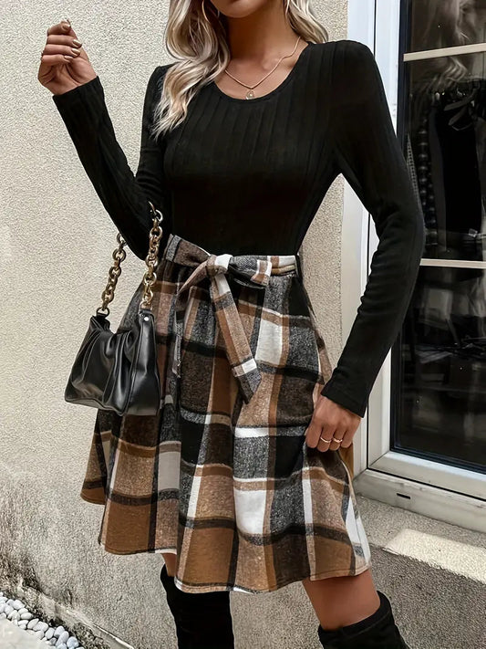 Isabelle - Women's Black Long Sleeve and Plaid Skirt Dress with Knot Waist - photo 2