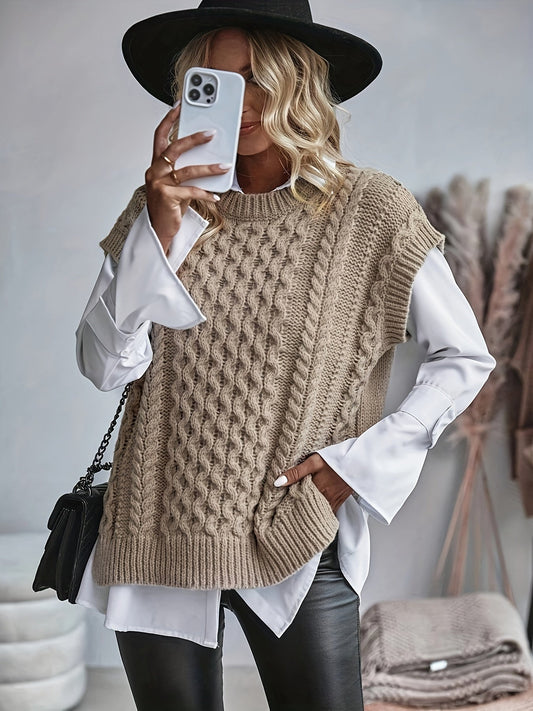 Audrey - Women's Cable Knit Vest with Split Hem - photo 2