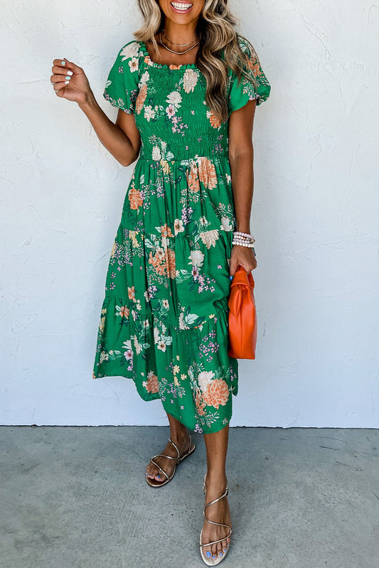 Juliet - Women's Floral Bubble Sleeve Smocked Tiered Midi Dress - photo 2