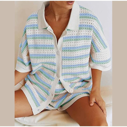 Debra - Women's Striped Knit Set Cotton Summer Set - photo 2