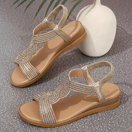 Shirley - Women’s Elastic Strap Rhinestone Flat Sandals - photo 2