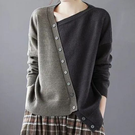 Rochelle - Women's Asymmetrical Button Sweater Modern Two-Tone Knit for Effortless Style - photo 2