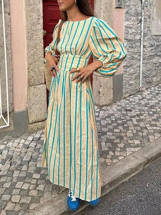 Celia - Women's Striped Floral Print Sexy Backless Midi Dress - photo 2
