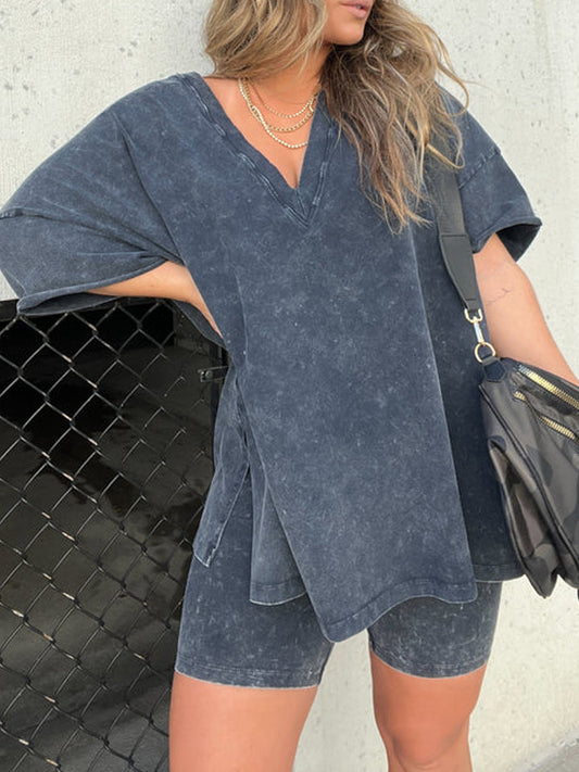 Susie - Women's Acid Wash Oversized Tee and Biker Shorts Set Cotton for Casual and Trendy Style - photo 2