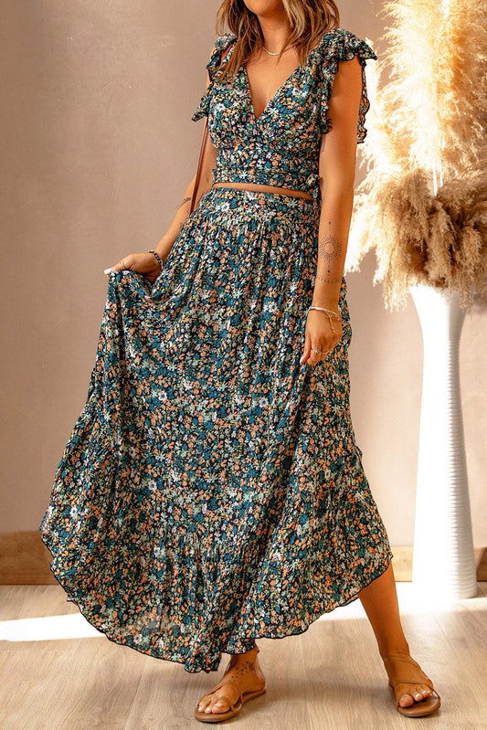 Judith - Women's Floral Ruffled Crop Top & Maxi Skirt Ensemble - photo 2
