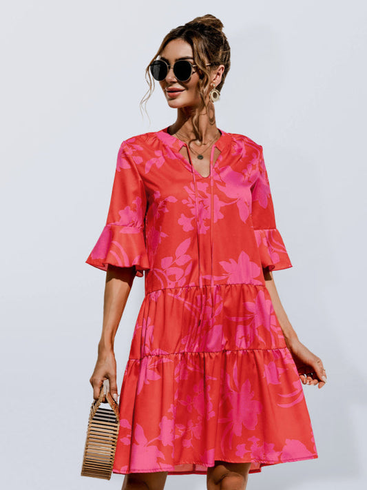 Penny - Women's V-neck Floral Print Midi Dress with Trumpet Sleeves - photo 2