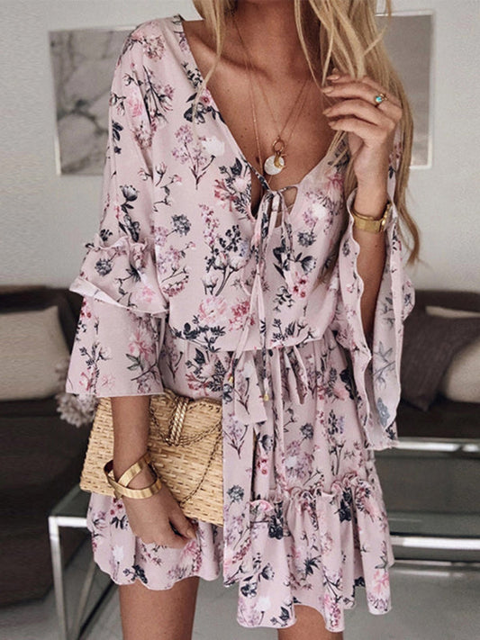 Debbie - Women's Floral Print Chiffon Dress with V-Neck and Ruffle Sleeves - photo 2