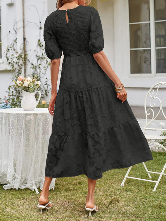 Elly - Women's Smocked Bodice Midi Dress with Puff Sleeves and Tiered Skirt - photo 2