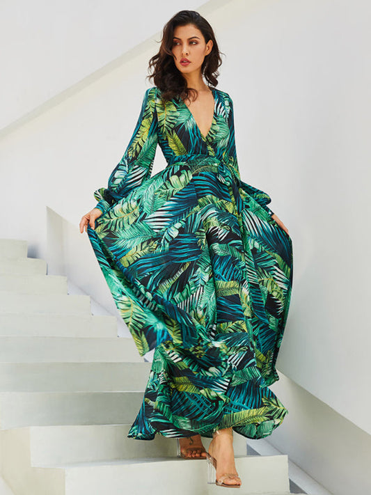 Carmen - Women's Tropical Leaf Print Maxi Dress with Lantern Sleeves - photo 2