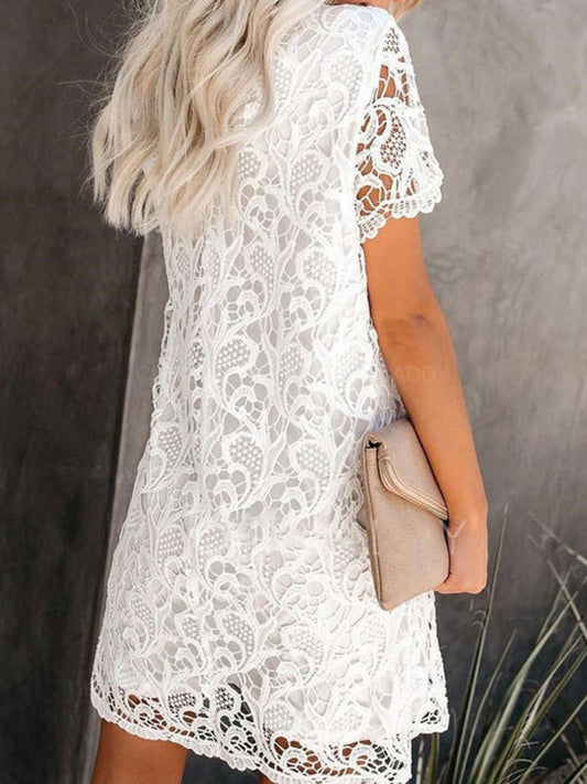 Winnie - Women's Hollow Lace Midi Dress with Round Neck and Intricate Pattern - photo 2