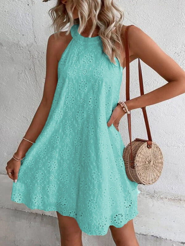 Georgia - Women's Eyelet Mini Dress with Halter Neckline and Floral Pattern - photo 8