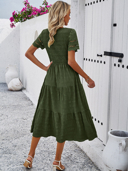 Alia - Women's Smocked Bodice Midi Dress with Hollow-Out Lace Sleeves - photo 2