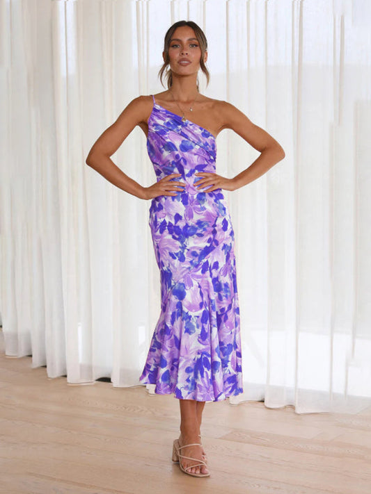 Paige - Women's Asymmetrical Neckline Floral Print Midi Dress with Fishtail Hem - photo 2