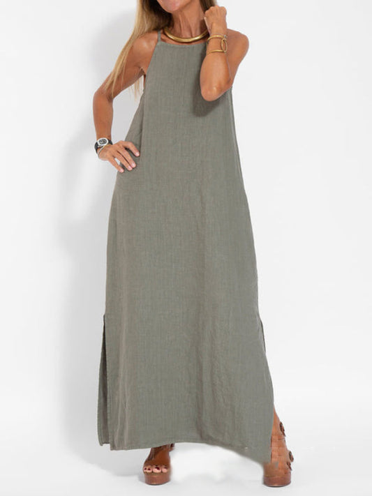 Eve - Women's Halter Maxi Dress with Side Slit and Cotton Linen Blend - photo 2