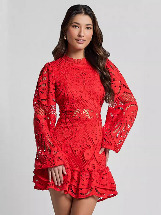 Louisa - Women's Floral Lace A-line Dress with Ruffle Hem and Long Sleeves - photo 2
