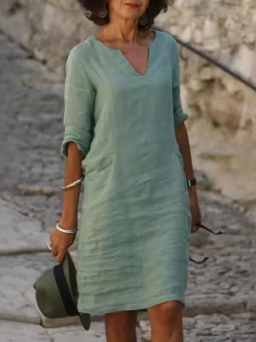 Mila - V-Neck Cotton Linen Dress with Mid Sleeves and Slim Fit - photo 5