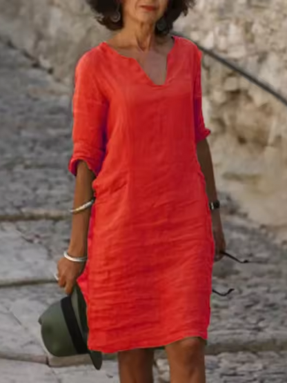 Mila - V-Neck Cotton Linen Dress with Mid Sleeves and Slim Fit - photo 7