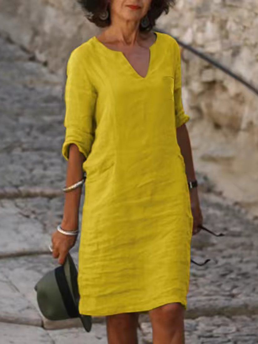 Mila - V-Neck Cotton Linen Dress with Mid Sleeves and Slim Fit - photo 12