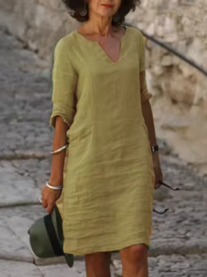 Mila - V-Neck Cotton Linen Dress with Mid Sleeves and Slim Fit - photo 8
