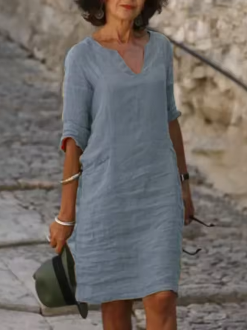 Mila - V-Neck Cotton Linen Dress with Mid Sleeves and Slim Fit - photo 9