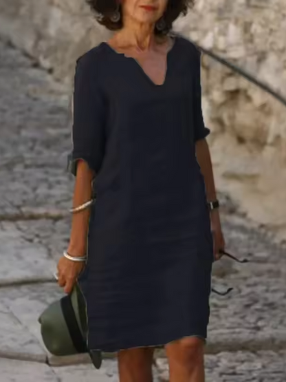 Mila - V-Neck Cotton Linen Dress with Mid Sleeves and Slim Fit - photo 10