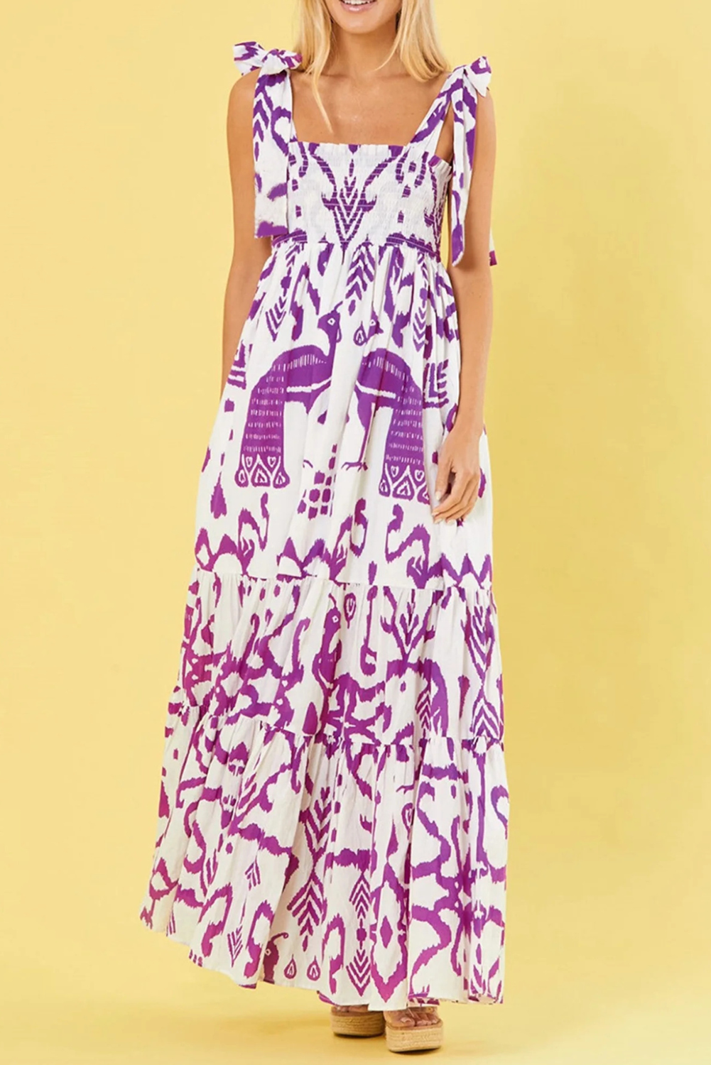 Naomi - Women's Boho Gingham Smocked Maxi Dress with Tied Straps - photo 5