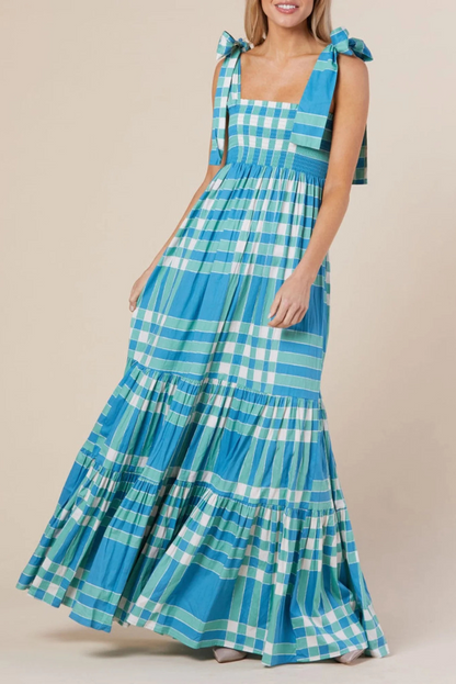Naomi - Women's Boho Gingham Smocked Maxi Dress with Tied Straps - photo 9