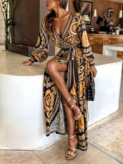 Lani - Women's Bohemian Maxi Dress with Golden Print and High Slit - photo 4