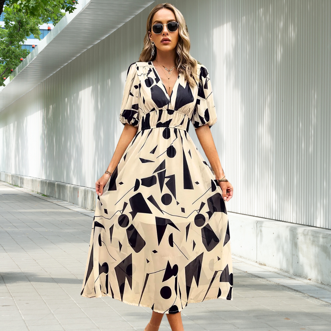 Nadine - Women's Timeless Midi Dress with Puff Sleeves - photo 1