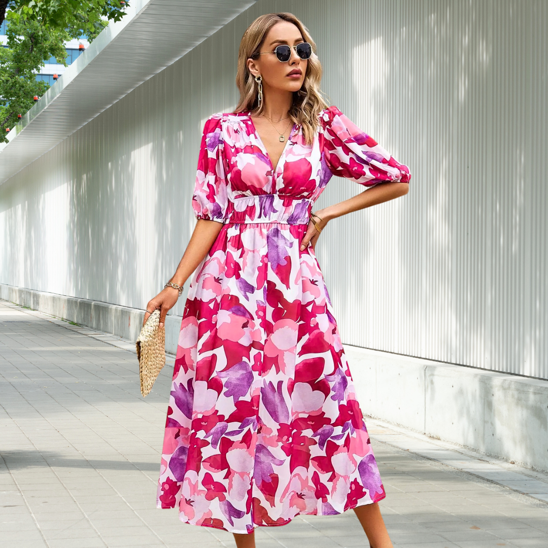 Nadine - Women's Timeless Midi Dress with Puff Sleeves - photo 3