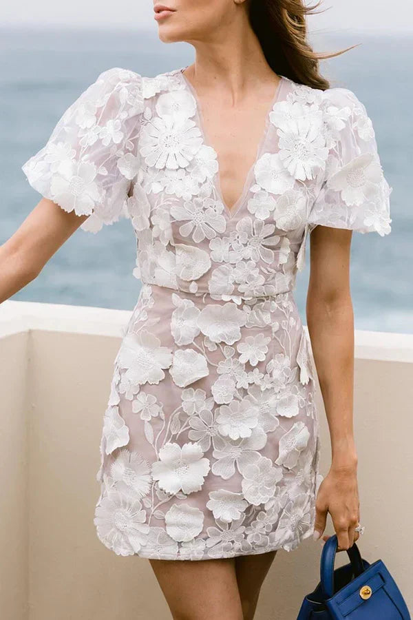 Josette - Women's Floral Mini Dress with Puff Sleeves - photo 6
