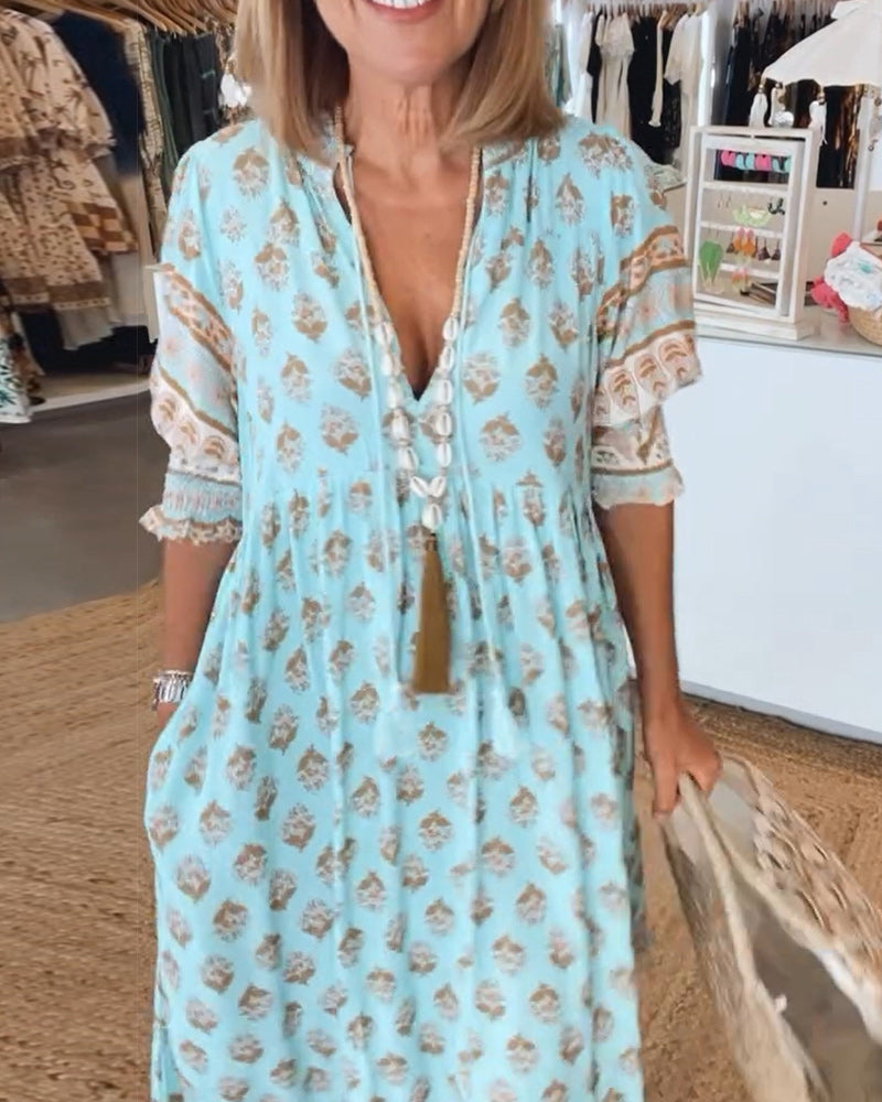 Emma - Women's Printed V-Neck Half-Sleeve Dress - photo 4
