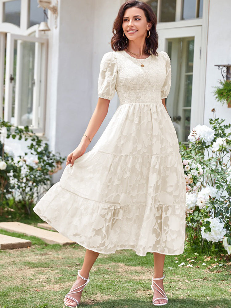 Elly - Women's Smocked Bodice Midi Dress with Puff Sleeves and Tiered Skirt - photo 14
