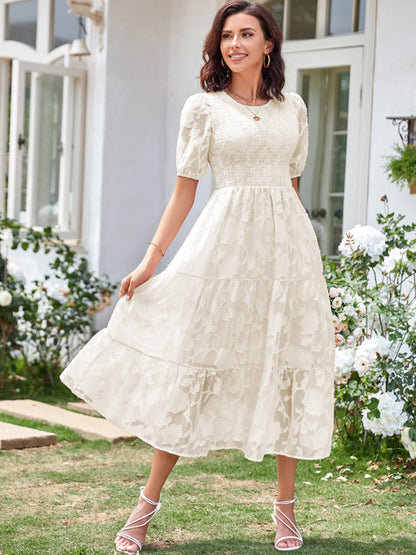 Elly - Women's Smocked Bodice Midi Dress with Puff Sleeves and Tiered Skirt - photo 14