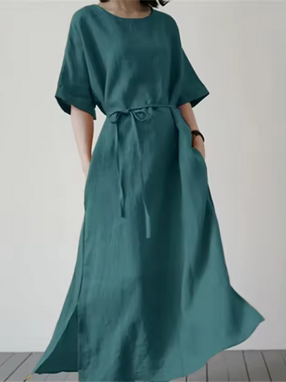 Nell - Women's Loose Dress with Belt and Side Slit (Plus Size Available) - photo 6