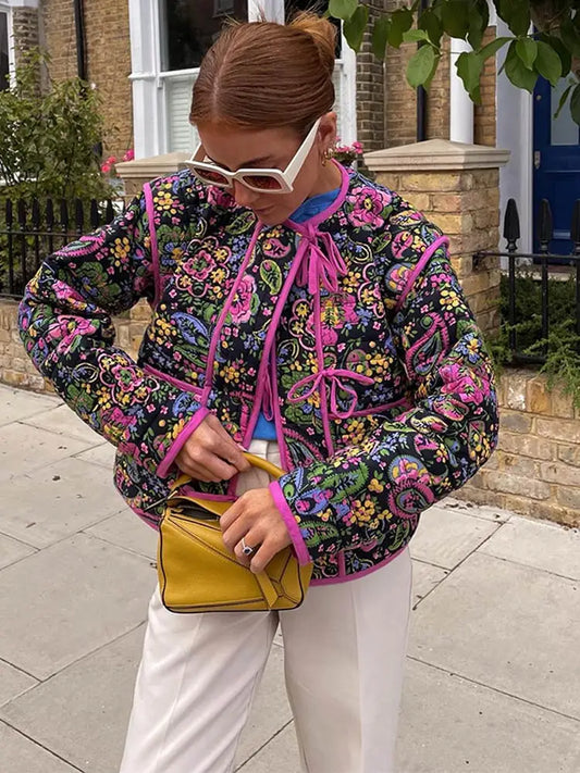 Cheryl - Women's Pink Floral Lace-Up Cotton Coat Stylish and Unique - photo 1