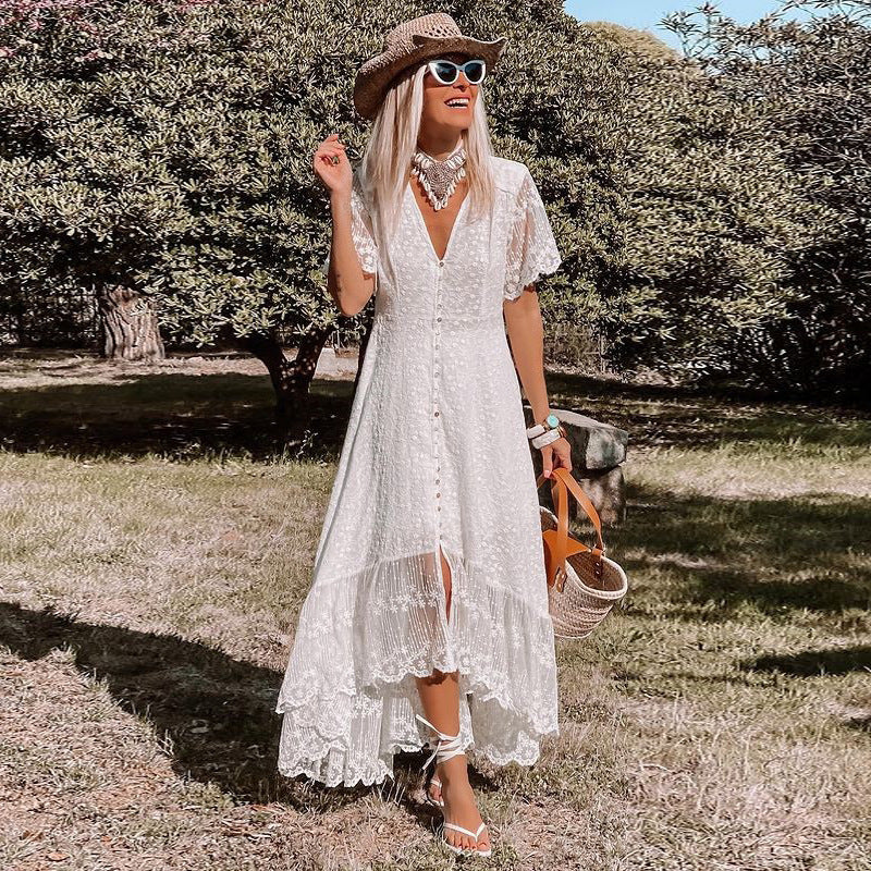 Ashlyn - Women's Lace Maxi Dress with Deep V-Neck and Button-Down Front - photo 2