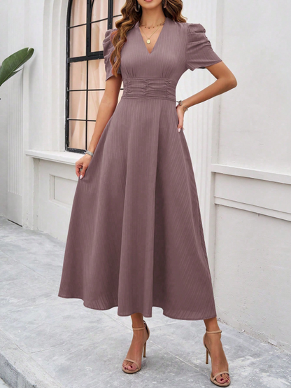 Cecily - Women's V-Neck Midi Dress with Puff Sleeves and Ruched Waist - photo 6