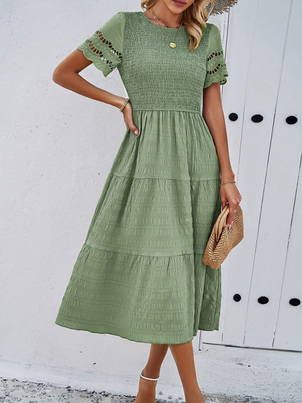 Alia - Women's Smocked Bodice Midi Dress with Hollow-Out Lace Sleeves - photo 16