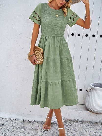 Alia - Women's Smocked Bodice Midi Dress with Hollow-Out Lace Sleeves - photo 17