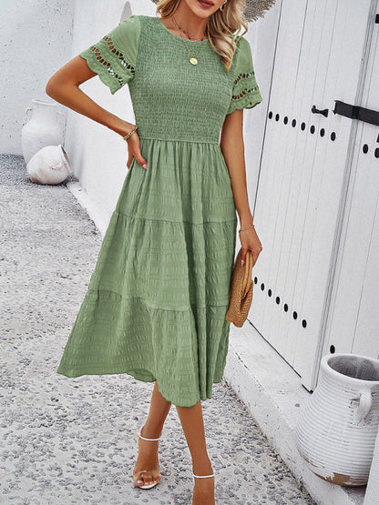 Alia - Women's Smocked Bodice Midi Dress with Hollow-Out Lace Sleeves - photo 18