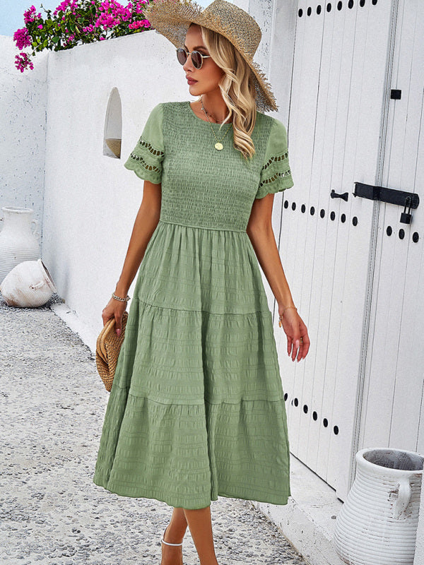 Alia - Women's Smocked Bodice Midi Dress with Hollow-Out Lace Sleeves - photo 19
