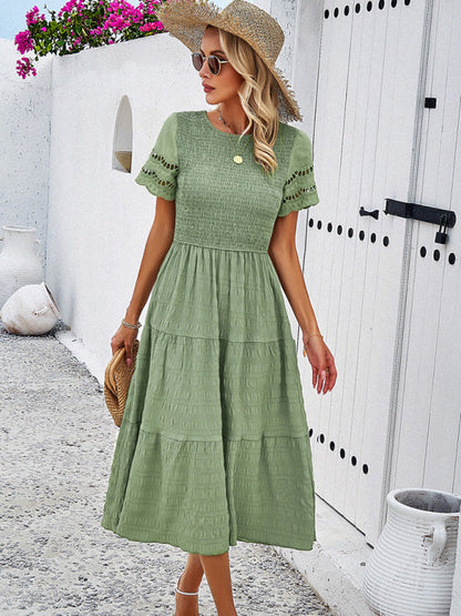 Alia - Women's Smocked Bodice Midi Dress with Hollow-Out Lace Sleeves - photo 19