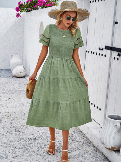 Alia - Women's Smocked Bodice Midi Dress with Hollow-Out Lace Sleeves - photo 20