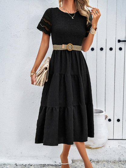Alia - Women's Smocked Bodice Midi Dress with Hollow-Out Lace Sleeves - photo 21