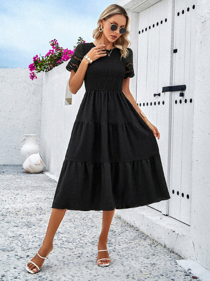 Alia - Women's Smocked Bodice Midi Dress with Hollow-Out Lace Sleeves - photo 23