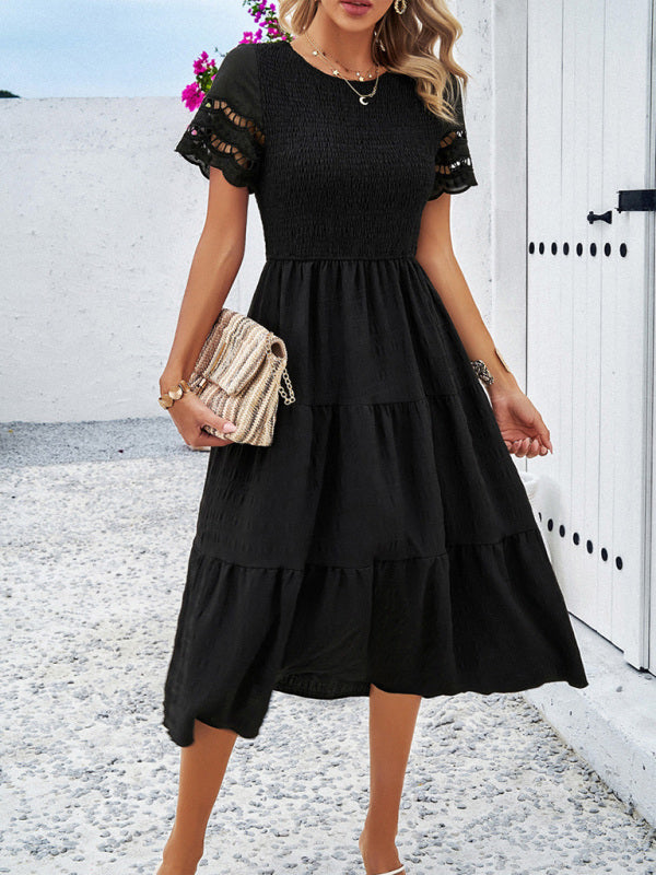 Alia - Women's Smocked Bodice Midi Dress with Hollow-Out Lace Sleeves - photo 24