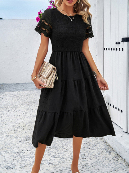 Alia - Women's Smocked Bodice Midi Dress with Hollow-Out Lace Sleeves - photo 24