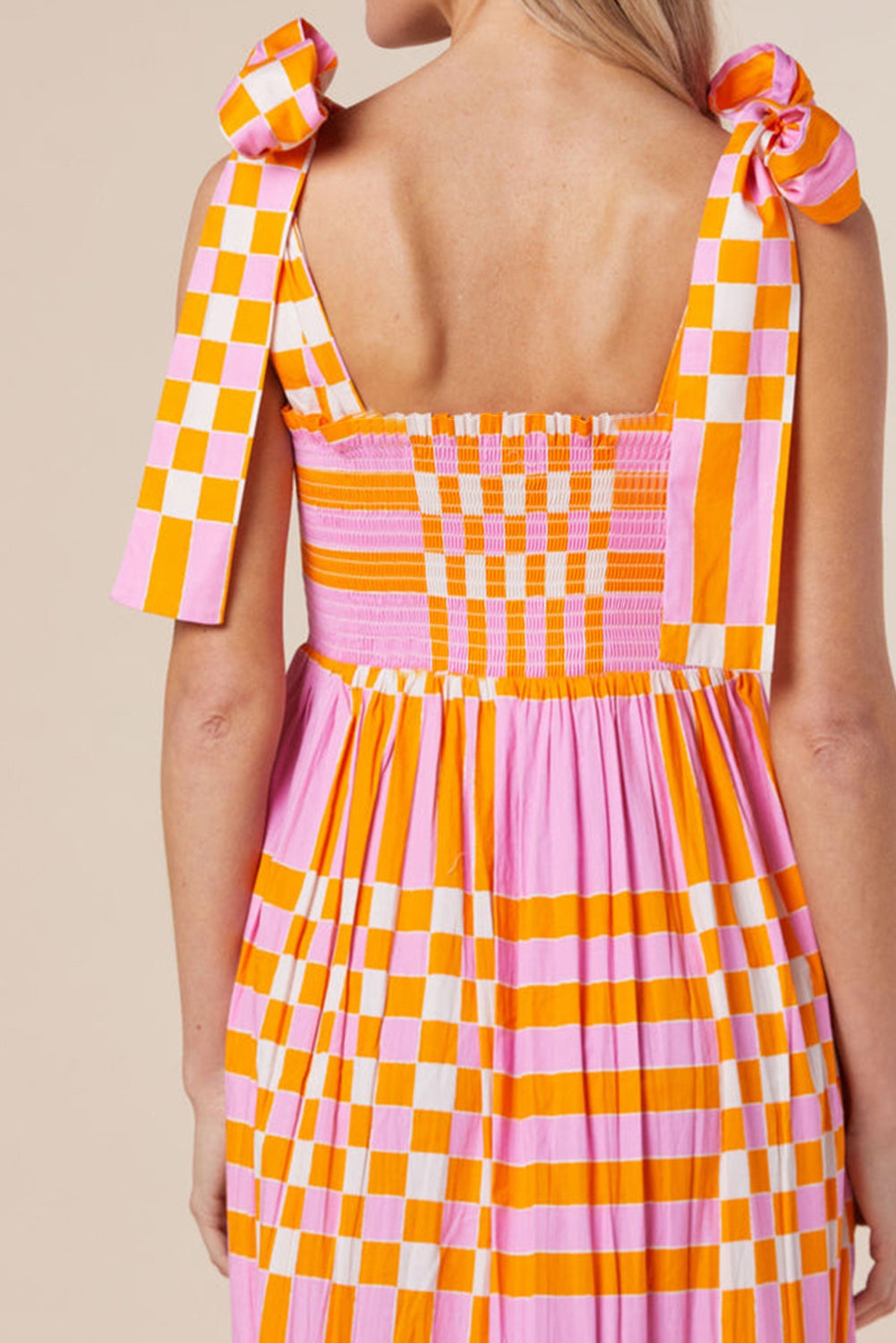 Naomi - Women's Boho Gingham Smocked Maxi Dress with Tied Straps - photo 4